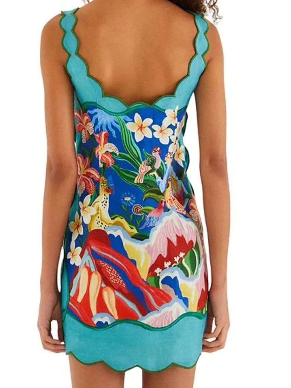 Floral Tropical Scallop-Edge Slip Dress - Turquoise Blue